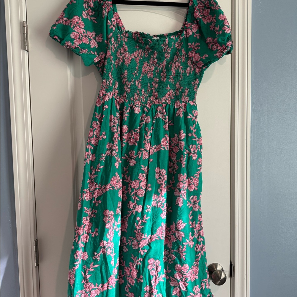 J. Crew Green Dress with Pink Floral Print